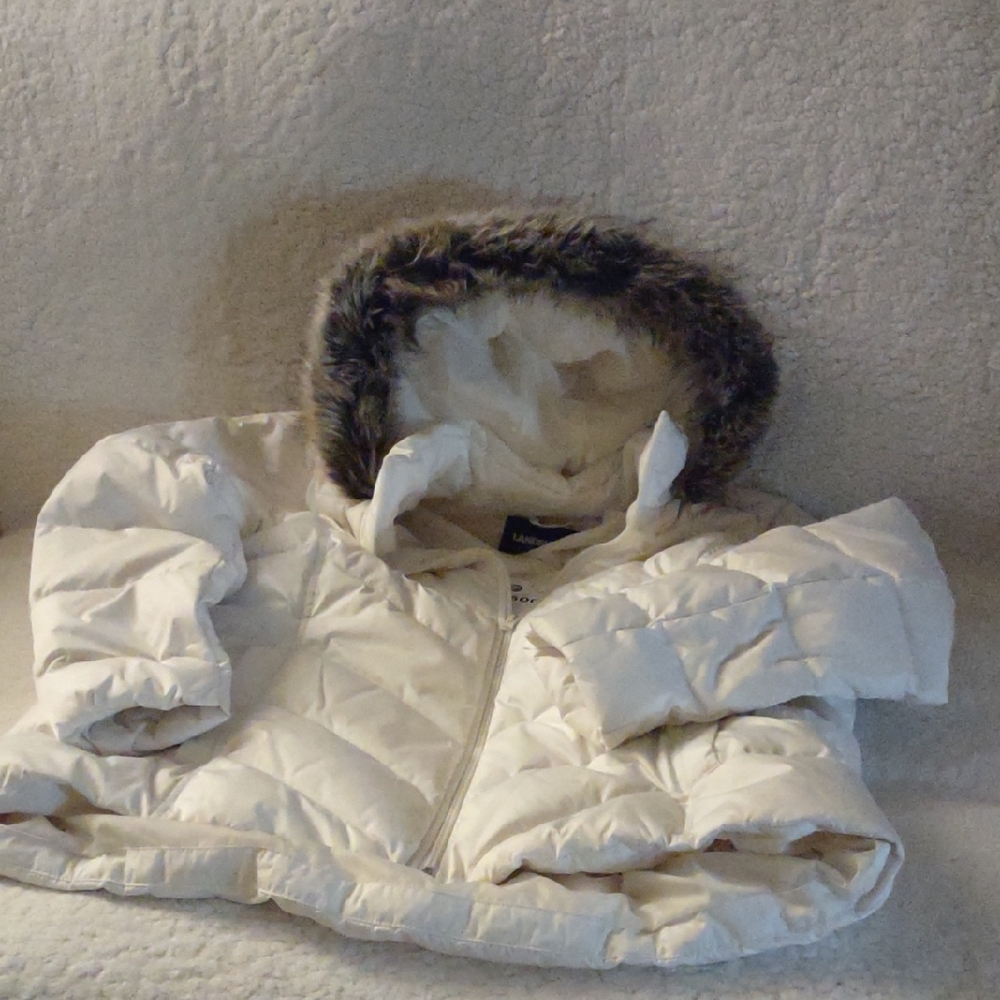 Lands' End Cream Puffer Jacket with Faux Fur Detachable Hood